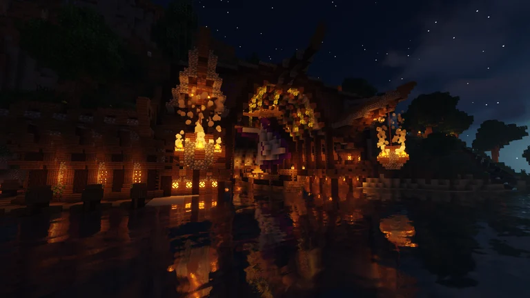 Mineplay’s timber harbour reflected in the water at night